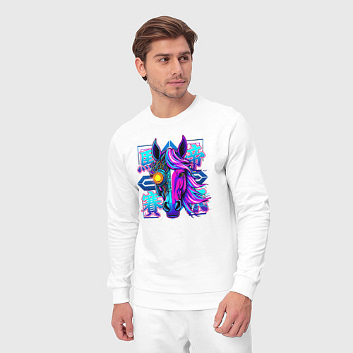 Мужской костюм Киберпанк лошадь с неоновыми иероглифами / Белый – фото 3