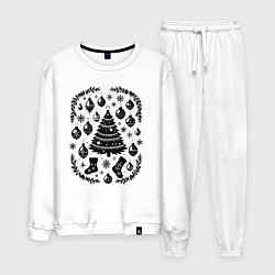 Костюм хлопковый мужской Новогодние украшения и елка, цвет: белый
