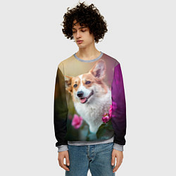 Свитшот мужской Корги в розовом кусте, цвет: 3D-меланж — фото 2