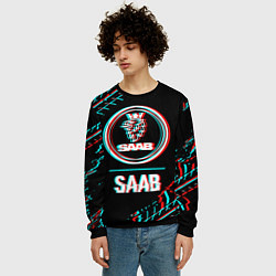 Свитшот мужской Значок Saab в стиле Glitch на темном фоне, цвет: 3D-черный — фото 2