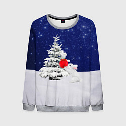 Свитшот мужской Белый кролик украшает ель, цвет: 3D-меланж