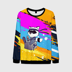 Свитшот мужской Енот с пистолетом прикуривает сигарету, цвет: 3D-черный