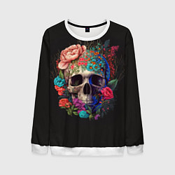 Свитшот мужской Череп украшенный цветами, цвет: 3D-белый