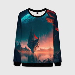 Свитшот мужской Абстрактный летающий корабль и луна, цвет: 3D-черный