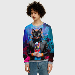 Свитшот мужской Чёрная модница кошка - нейросеть, цвет: 3D-меланж — фото 2