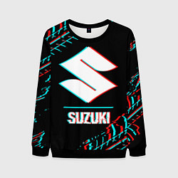 Свитшот мужской Значок Suzuki в стиле glitch на темном фоне, цвет: 3D-черный