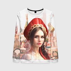 Свитшот мужской Девушка в кокошнике с косой - кремль, цвет: 3D-белый