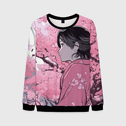 Свитшот мужской Силуэт девушки на фоне сакуры: арт нейросети, цвет: 3D-черный