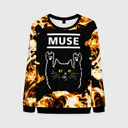 Свитшот мужской Muse рок кот и огонь, цвет: 3D-черный