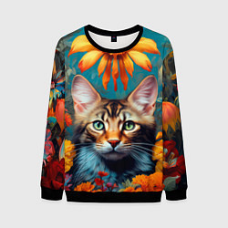 Свитшот мужской Дикая кошка в цветах, цвет: 3D-черный
