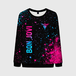 Свитшот мужской Bon Jovi - neon gradient: надпись, символ, цвет: 3D-черный