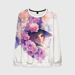 Свитшот мужской Девушка в цветочной шляпе, цвет: 3D-белый