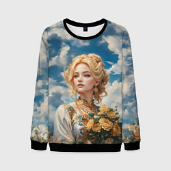 Свитшот мужской Девушка славянка с букетом цветов, цвет: 3D-черный