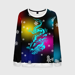 Свитшот мужской Праздничный дракон и снежинки, цвет: 3D-белый