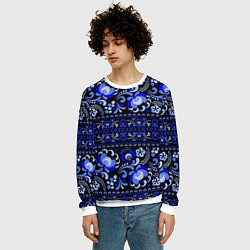 Свитшот мужской Новогодняя гжельская роспись цветами на чёрном фон, цвет: 3D-белый — фото 2