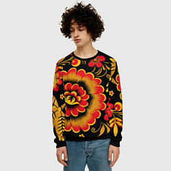 Свитшот мужской Хохломская роспись красно-жёлтые цветы на чёрном ф, цвет: 3D-черный — фото 2
