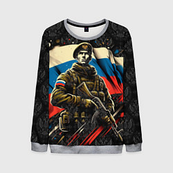Свитшот мужской Русский солдат на фоне флага России, цвет: 3D-меланж