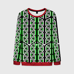 Свитшот мужской Бело-зелёные треугольники на чёрном фоне, цвет: 3D-красный