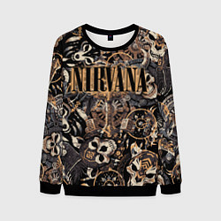 Свитшот мужской Nirvana на фоне масок викингов рун и воронов, цвет: 3D-черный