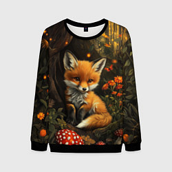 Свитшот мужской Лисёнок в волшебном лесу, цвет: 3D-черный