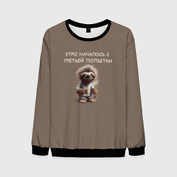 Свитшот мужской Ленивец с кружкой кофе: утро началось с третьей по, цвет: 3D-черный