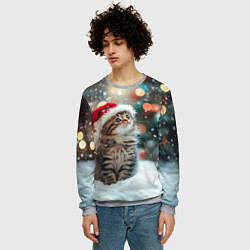 Свитшот мужской Новогодний котенок и снег, цвет: 3D-меланж — фото 2