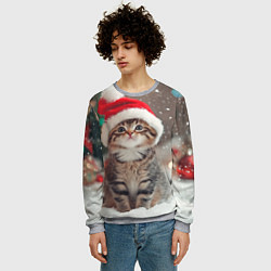 Свитшот мужской Новогодний котенок и снег, цвет: 3D-меланж — фото 2