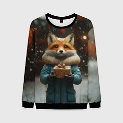 Свитшот мужской Лиса с подарком, цвет: 3D-черный