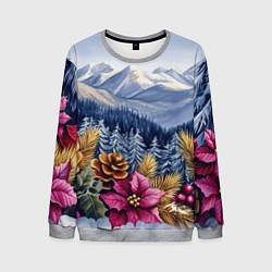 Мужской свитшот Новогодний горный пейзаж с цветами