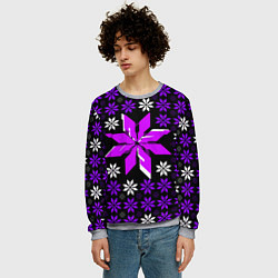 Свитшот мужской Фиолетово-белые звёзды на чёрном фоне, цвет: 3D-меланж — фото 2
