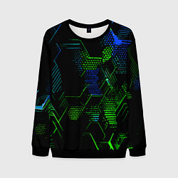 Мужской свитшот Сине-зелёные точки и линии на чёрном фоне