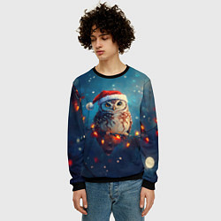 Свитшот мужской Новогодняя сова на гирлянде, цвет: 3D-черный — фото 2