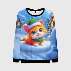 Свитшот мужской Новогодний котенок в зеленой шапочке, цвет: 3D-черный