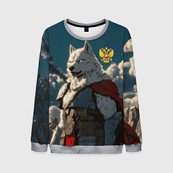 Свитшот мужской Волк русский воин, цвет: 3D-меланж