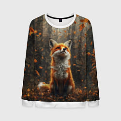 Свитшот мужской Довольный лис в лесной чаще, цвет: 3D-белый