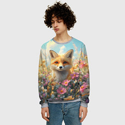Свитшот мужской Лиса в цветочном поле, цвет: 3D-меланж — фото 2