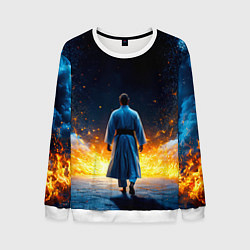 Свитшот мужской Айкидоист в огне и синий дым, цвет: 3D-белый
