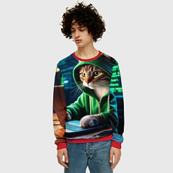 Свитшот мужской Котенок хакер за ноутбуком, цвет: 3D-красный — фото 2