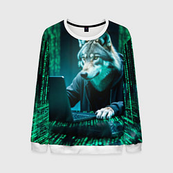 Свитшот мужской Волк хакер, цвет: 3D-белый