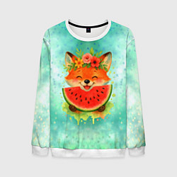 Свитшот мужской Веселая лисичка ест арбуз, цвет: 3D-белый