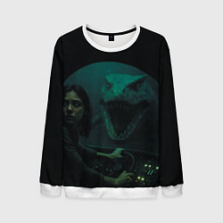 Свитшот мужской Тилозавр нападает на батискаф с девушкой ужасы, цвет: 3D-белый