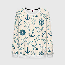 Свитшот мужской Морской паттерн из штурвалов, чаек и якорей, цвет: 3D-белый