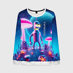 Свитшот мужской Робот-сгибальщик Бендер и неоновые грибы, цвет: 3D-белый