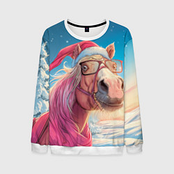 Свитшот мужской Новогодняя лошадь в очках, цвет: 3D-белый