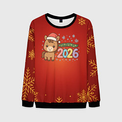 Свитшот мужской Новогодняя лошадка 2026 на красном фоне, цвет: 3D-черный