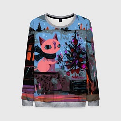 Свитшот мужской Кошка празднует Новый год, цвет: 3D-меланж