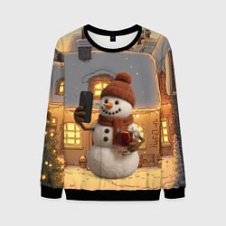 Свитшот мужской Снеговик с глинтвейном делает селфи, цвет: 3D-черный