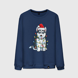 Свитшот хлопковый мужской НОВОГОДНИЙ ХАСКИ В ГИРЛЯНДЕ, цвет: тёмно-синий