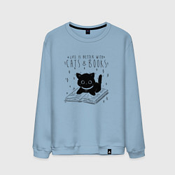 Свитшот хлопковый мужской Life is better with cats and books, цвет: мягкое небо