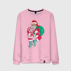 Свитшот хлопковый мужской Санта Клаус с мешком подарков на коньках, цвет: светло-розовый